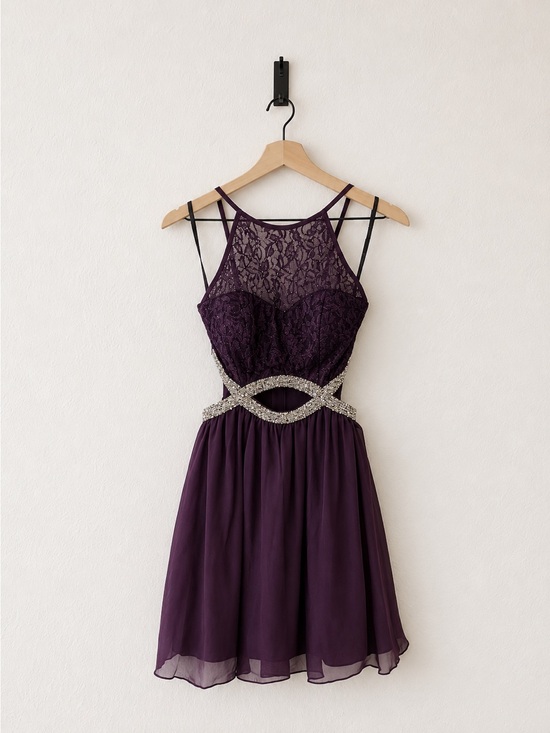 Speechless Dresses & Skirts - Speechless Plum Lace Mini Dress with Jeweled Waist